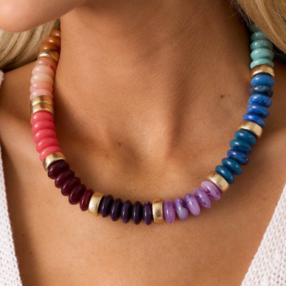 Rainbow Beaded Gold Multi-Color Neutral Boho Classic Statement Necklace NEW - Picture 5 of 10
